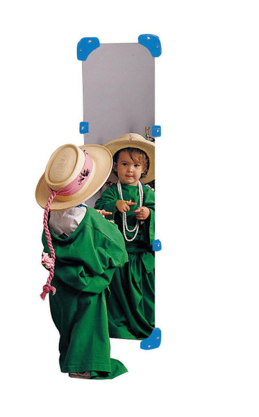 Children's Factory Children's Wall Mirror 12in x 48in, a vertical rectangular mirror with a gray frame and blue mounting brackets, reflecting two children dressed in green costumes and wearing straw hats with pink ribbons.